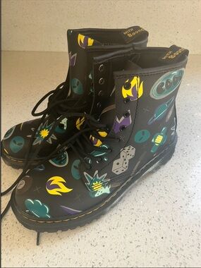 Dr. Martens Black Kids' Combat Boots with Teal, Yellow & Purple Graphics